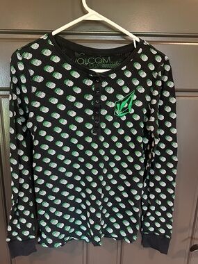 Volcom Black Long Sleeve Henley Tee with White and Green Dot Pattern